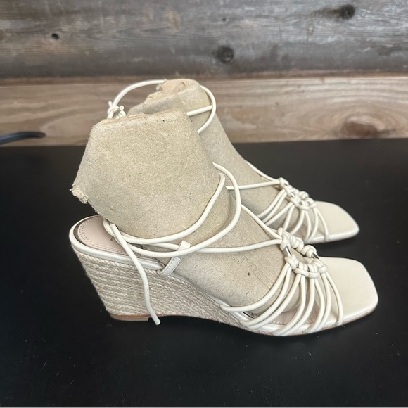 PAIGE Espadrille Sandals Size 8 Beige Leather Slip On Ankle Tie Wedge Heels - Picture 5 of 10